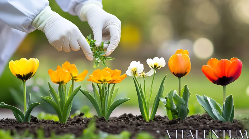 AI ART Spring Tulips Garden with Gloved Hands