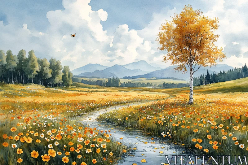 Autumn Meadow Watercolor Art AI Image