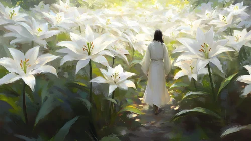 Person in White Lilies Garden