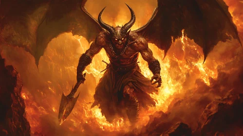 Fiery Demon with Horns and Wings