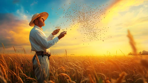 Golden Field and Birds at Dusk