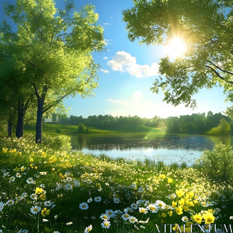 AI ART Scenic Lake Landscape with Sunlight