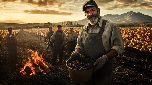 Man Harvesting Grapes in Vineyard