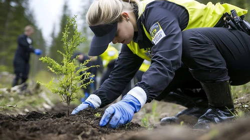 Woman Planting Tree in Forest