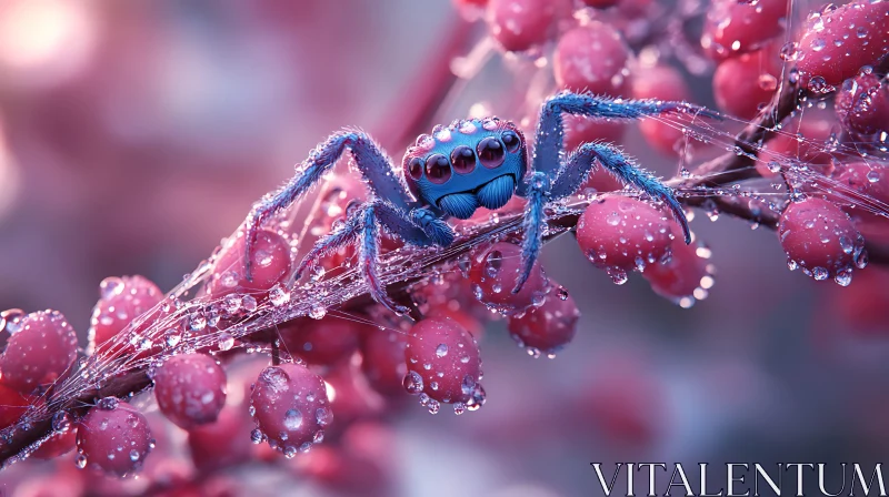 Blue Spider with Dewy Red Berries AI Image