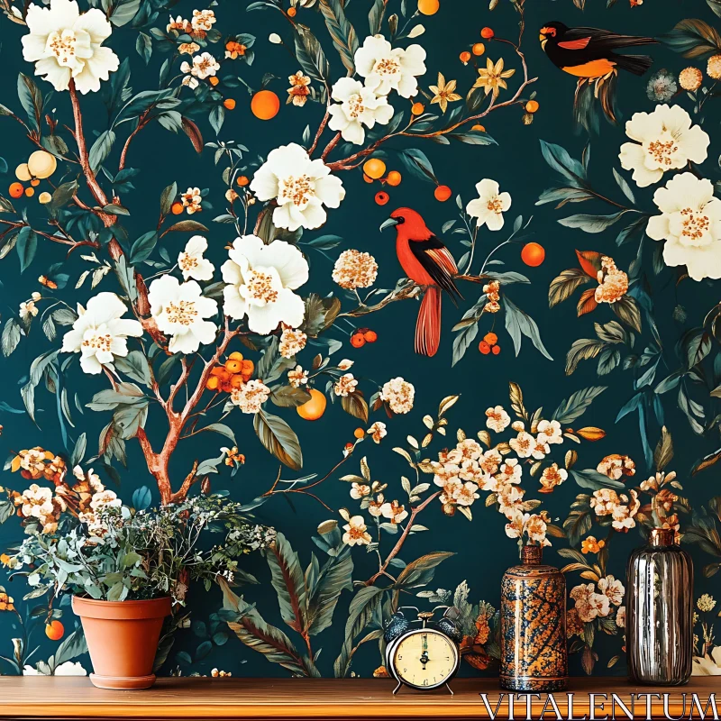 AI ART Classic Floral and Bird Wallpaper Design