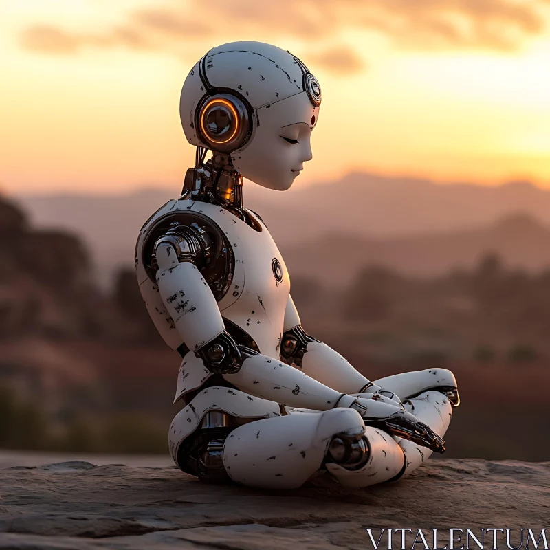 Tranquil Robot Meditating at Sunset AI Image