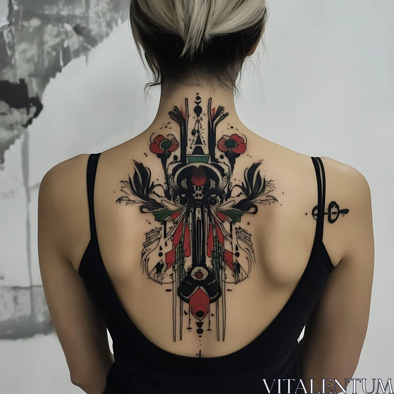 Detailed Back Tattoo with Geometric and Feather Patterns AI Image