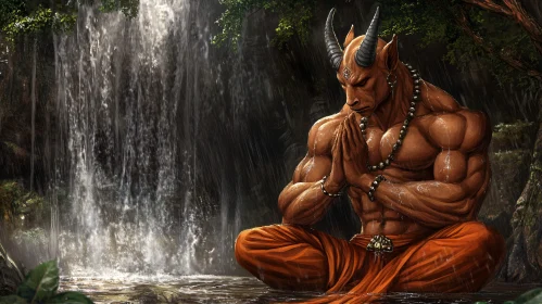 Horned Figure Meditating Near Waterfall