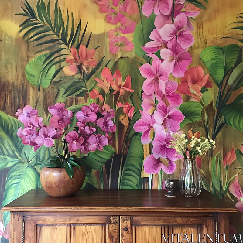 AI ART Pink Flowers and Tropical Leaves