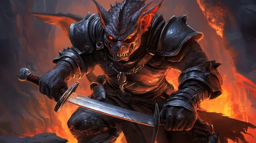 Armored Monster with Sword in Fiery Setting