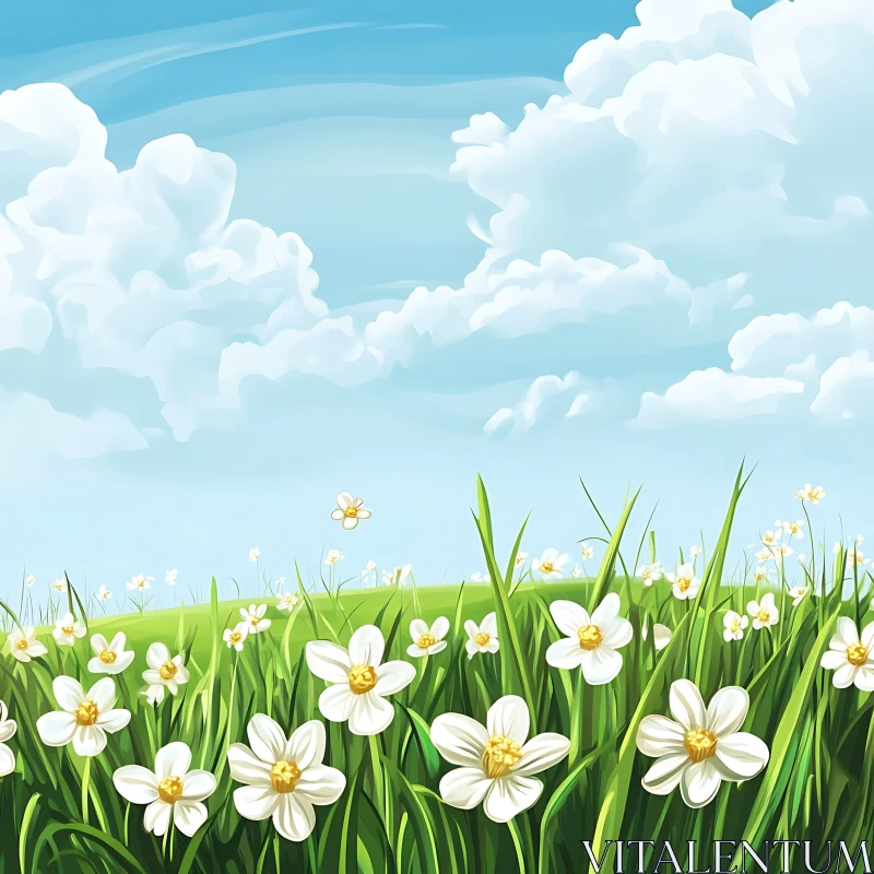 Floral Meadow with White Blossoms AI Image