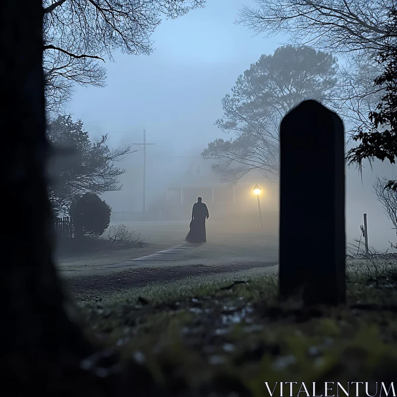 Mysterious Figure in Foggy Landscape AI Image