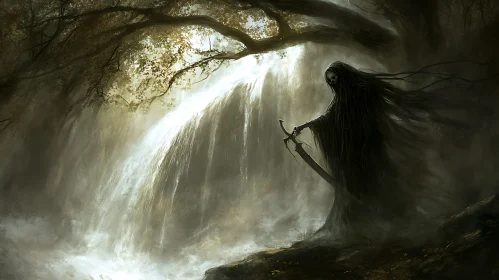 Dark Figure with Sword Near Waterfall