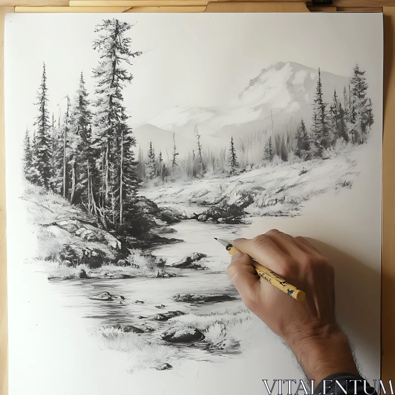 Black and White Nature Drawing AI Image