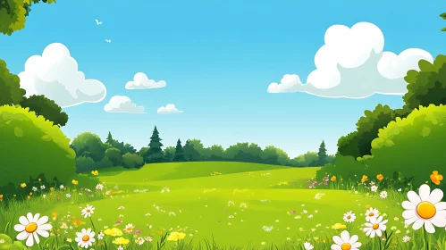 Cartoon Meadow with Flowers and Sky