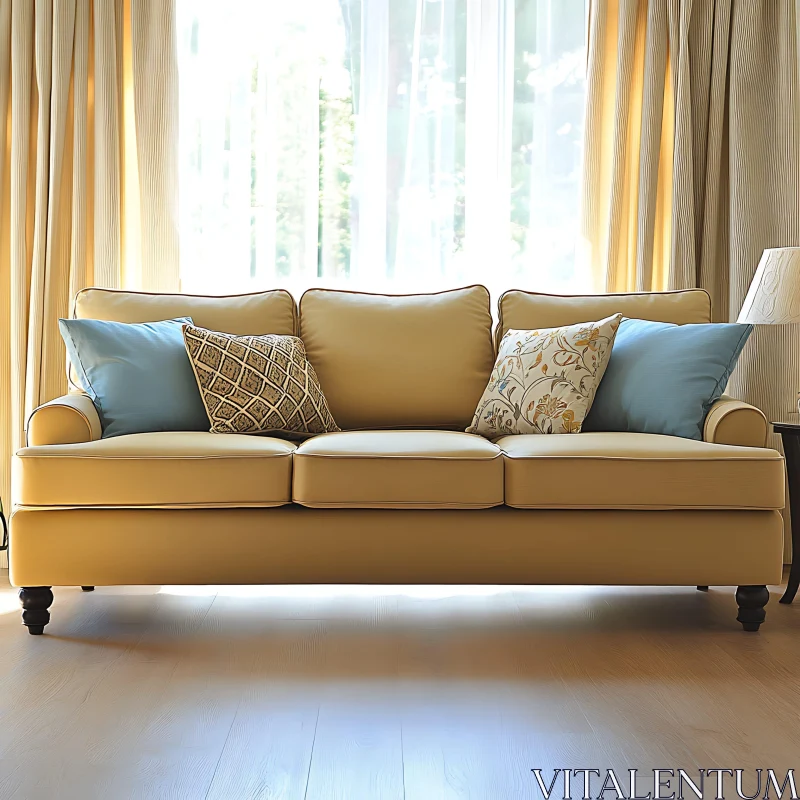 Comfortable Couch with Cushions in Bright Interior AI Image