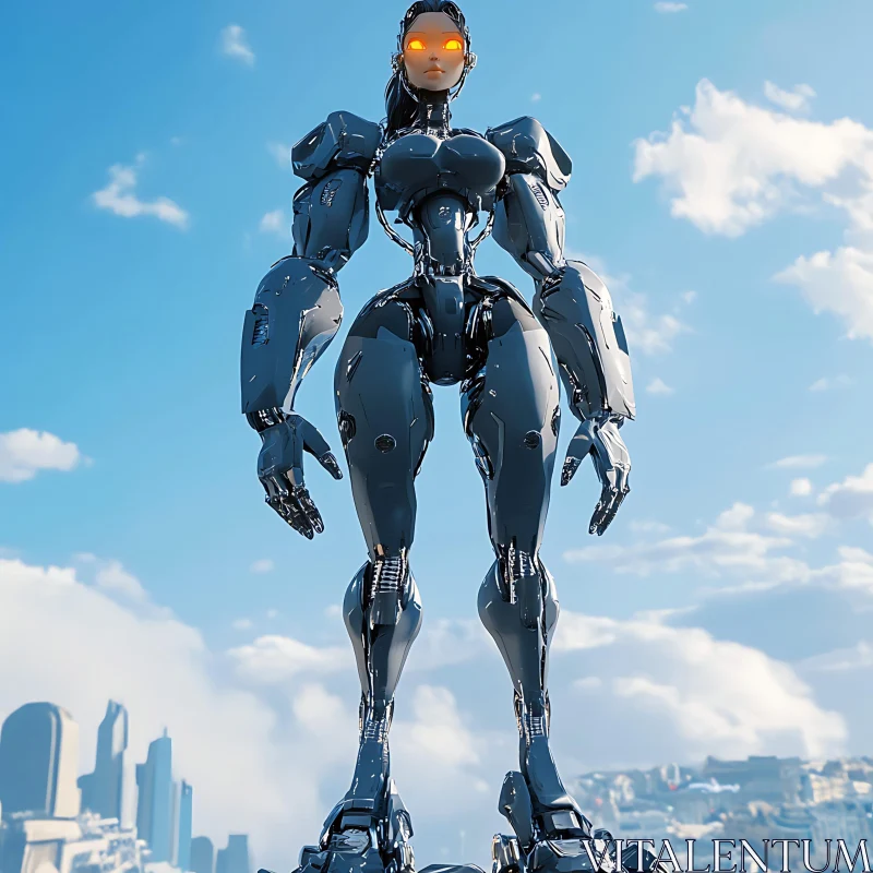 Sleek Armored Female Android with Glowing Eyes AI Image