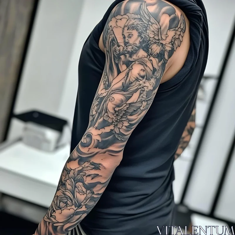 Detailed Tattoo Sleeve of Religious Figures in Black and Grey AI Image