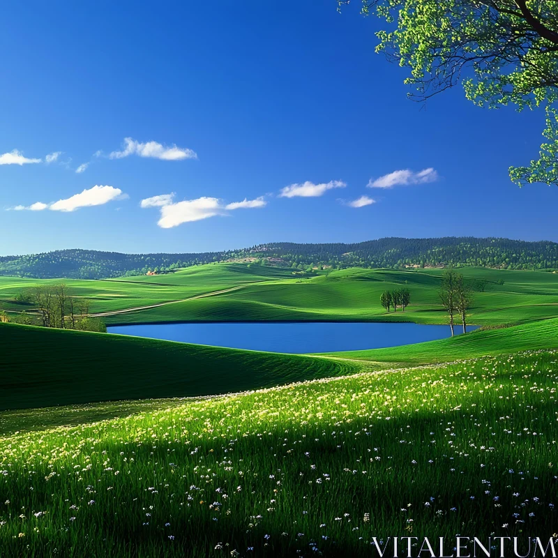 AI ART Scenic View of Rolling Hills and Lake