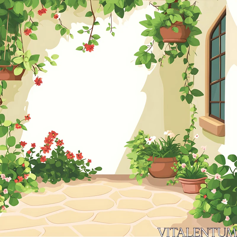 Floral Terrace Scene with Stone Path AI Image