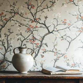 Vintage Still Life with Floral Wallpaper