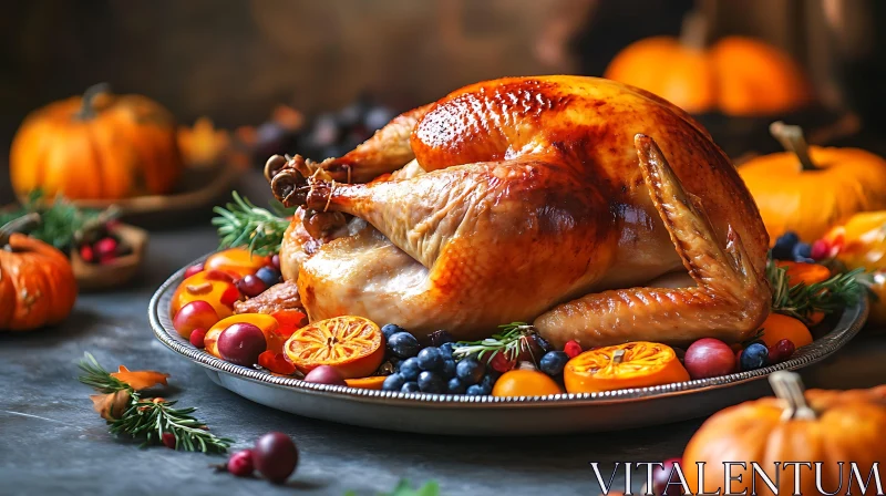 Roasted Turkey with Pumpkins and Fruits AI Image