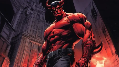 Red Demon Character in Cityscape Illustration