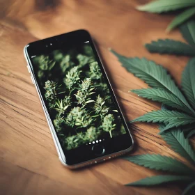 Smartphone with Cannabis Image on Wood
