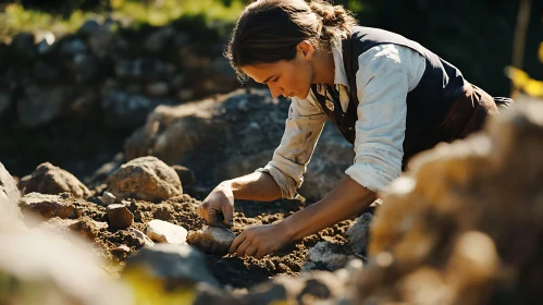 Female Laborer Constructing Rock Feature