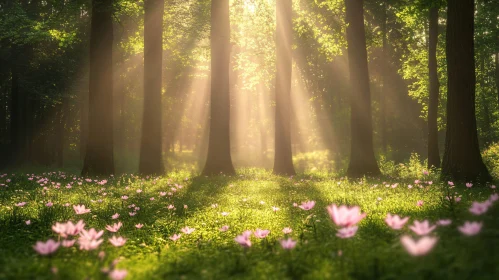 Tranquil Forest Meadow with Sunlit Pink Blooms