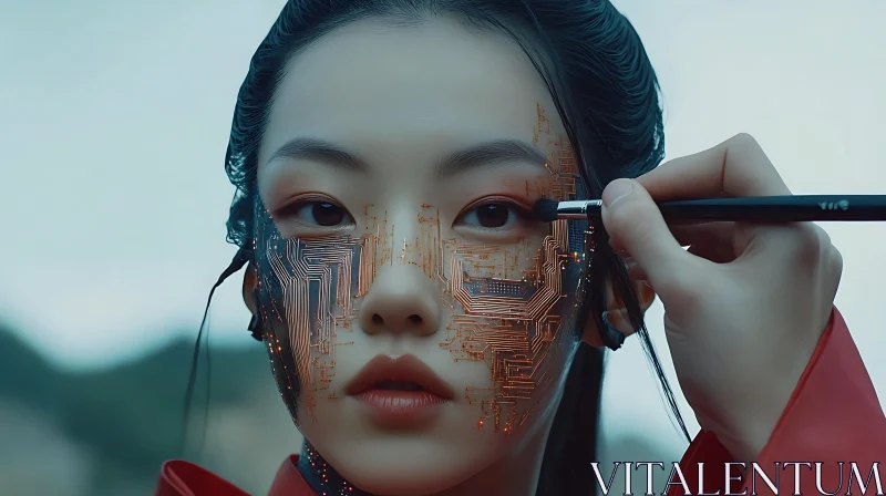 Cyborg Woman with Circuitry Makeup AI Image