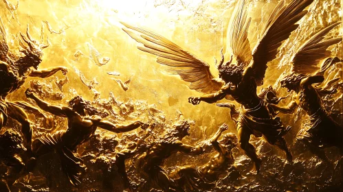 Angelic Conflict: A Golden Sculpture Depiction