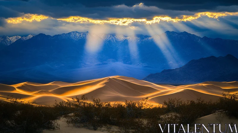 AI ART Illuminated Desert Dunes and Cloud-Capped Mountains