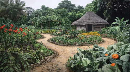 Idyllic Garden Scene with Thatched Hut