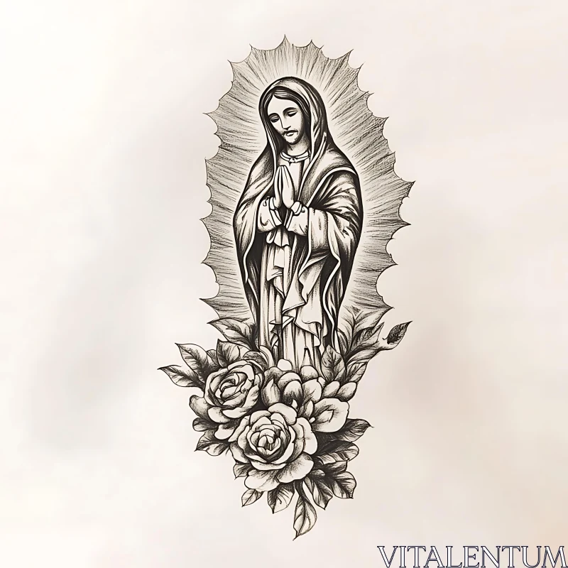 Detailed Line Work Tattoo of a Praying Figure with Roses AI Image