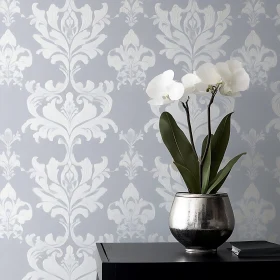 Orchid Still Life with Patterned Wallpaper