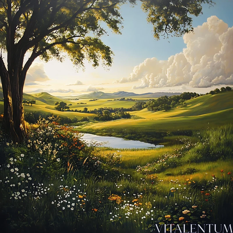 AI ART Idyllic Countryside Scene with Pond and Flowers