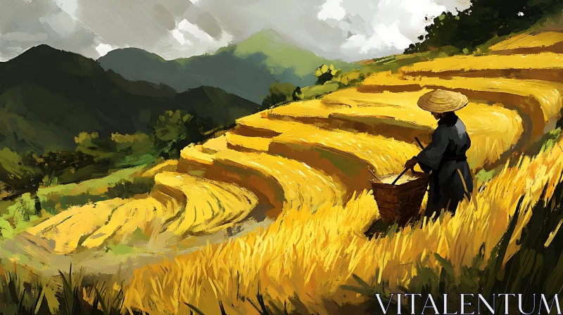 Terraced Rice Field Landscape with Worker AI Image