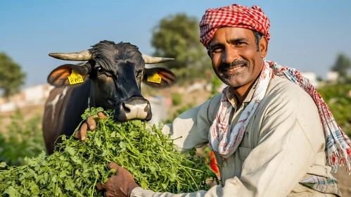 Happy Farmer Feeding Cow