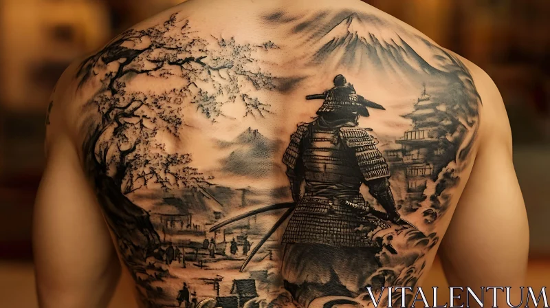 Samurai and Cherry Blossoms Tattoo Art AI Image