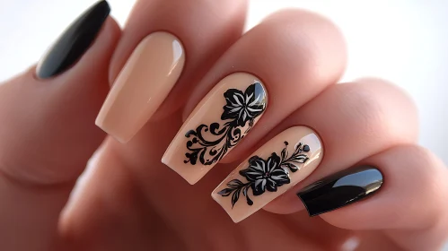 Sophisticated Floral Manicure in Nude Beige and Black