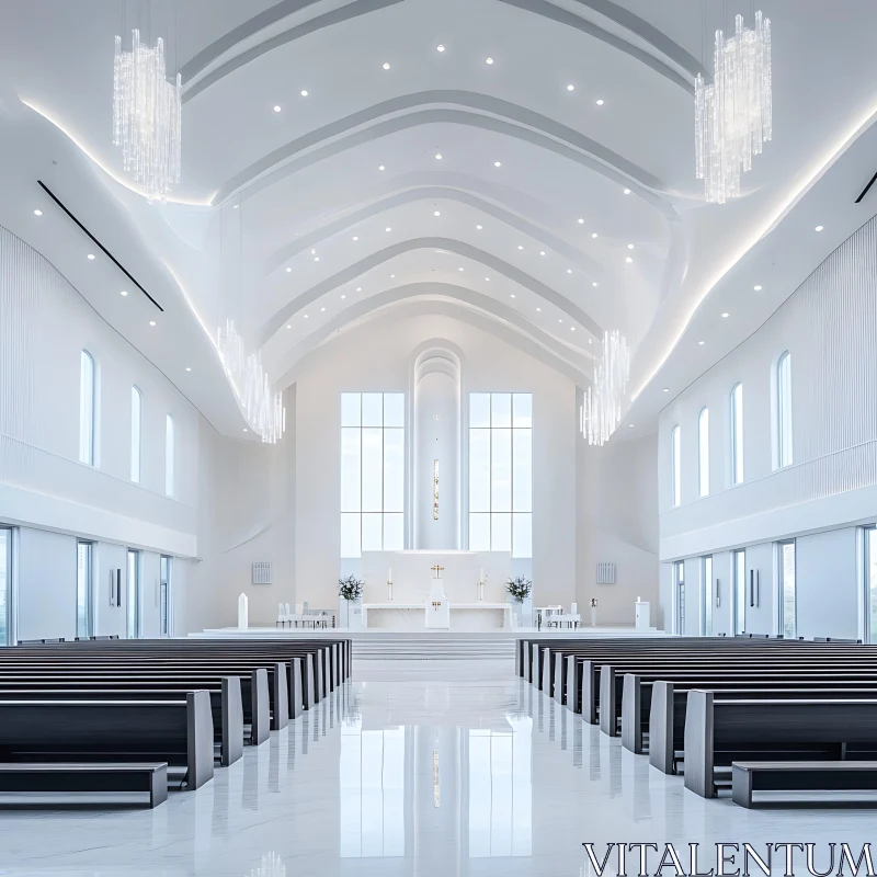 AI ART Elegant White Church Interior with Pews