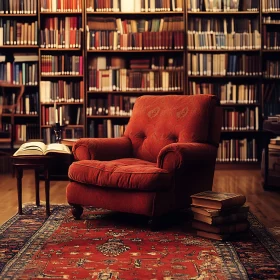 Red Armchair in a Classic Library Setting