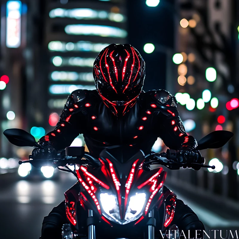 Motorcycle with Red Lights at Night AI Image