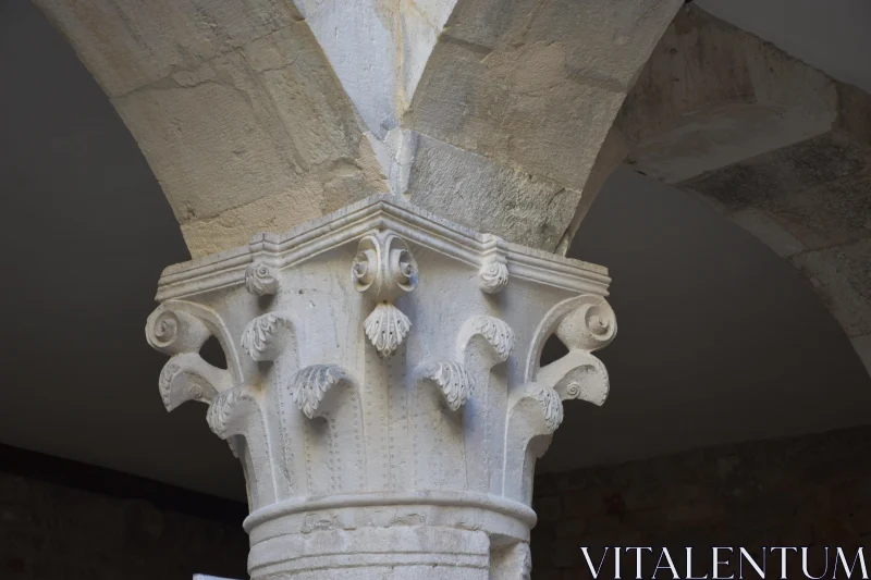 PHOTO Historic Stone Column Capital with Detailed Carvings