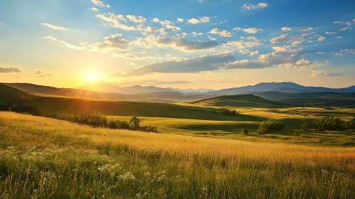 Picturesque Sunset Landscape with Golden Field