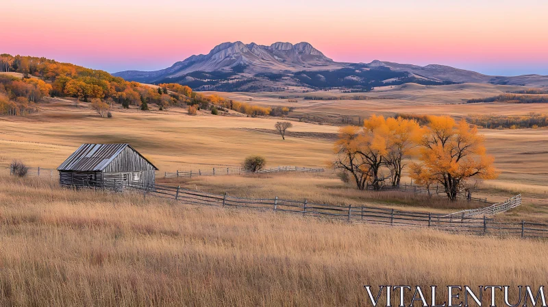 Rustic Barn Amidst Golden Fields and Mountains AI Image