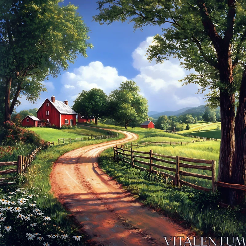 AI ART Rural Farm Scene with Winding Road