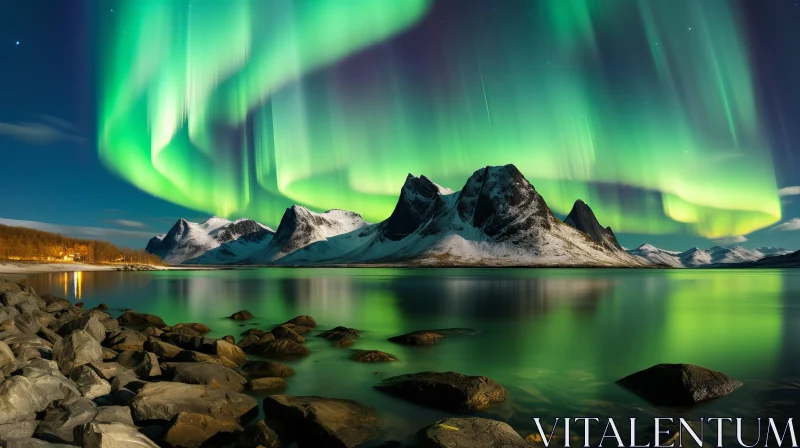 Captivating Northern Lights Over Lake and Mountains AI Image